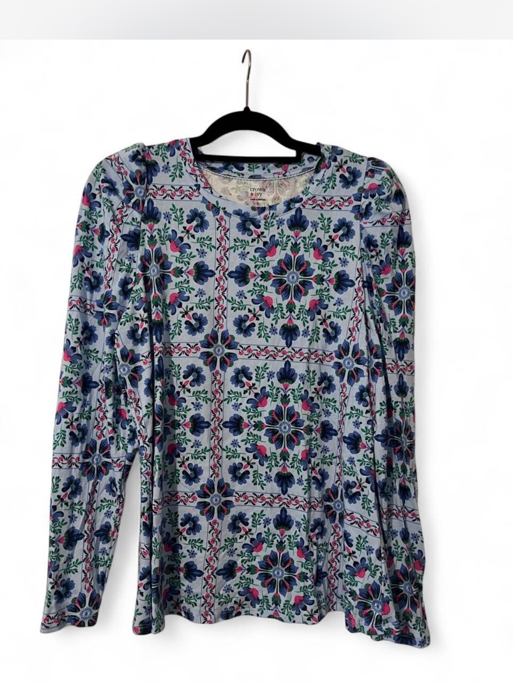 Crown and Ivy Floral Tile Print Long-Sleeve Top - Blue Multi